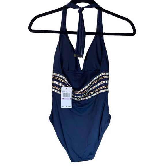 Michael Kors Halter One Piece Swimsuit - Chain Print‎ Border Navy Size 6 NWT - Picture 4 of 16